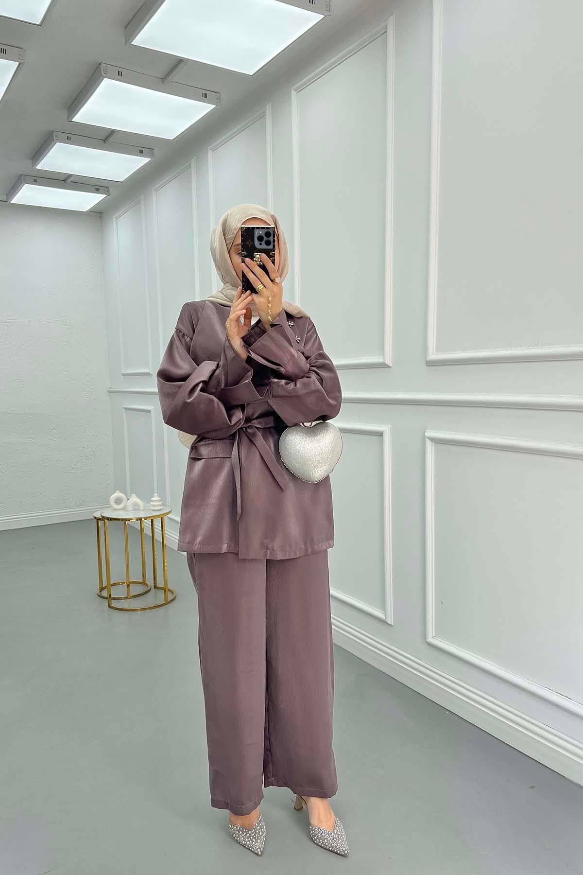 Sare Fashion Stone Collar Balloon Sleeve Jacquard Suit Purple