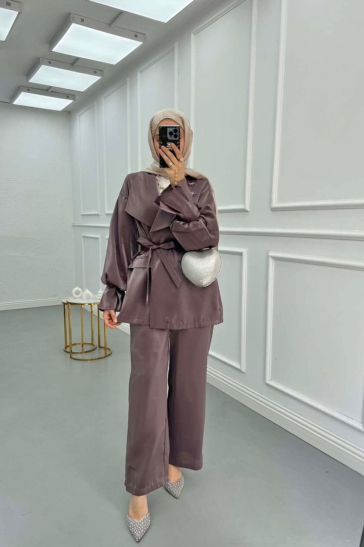 Sare Fashion Stone Collar Balloon Sleeve Jacquard Suit Purple