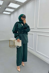 Sare Fashion Balloon Sleeve Jacquard Set with Stone Collar Emerald Green