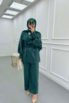 Sare Fashion Balloon Sleeve Jacquard Set with Stone Collar Emerald Green