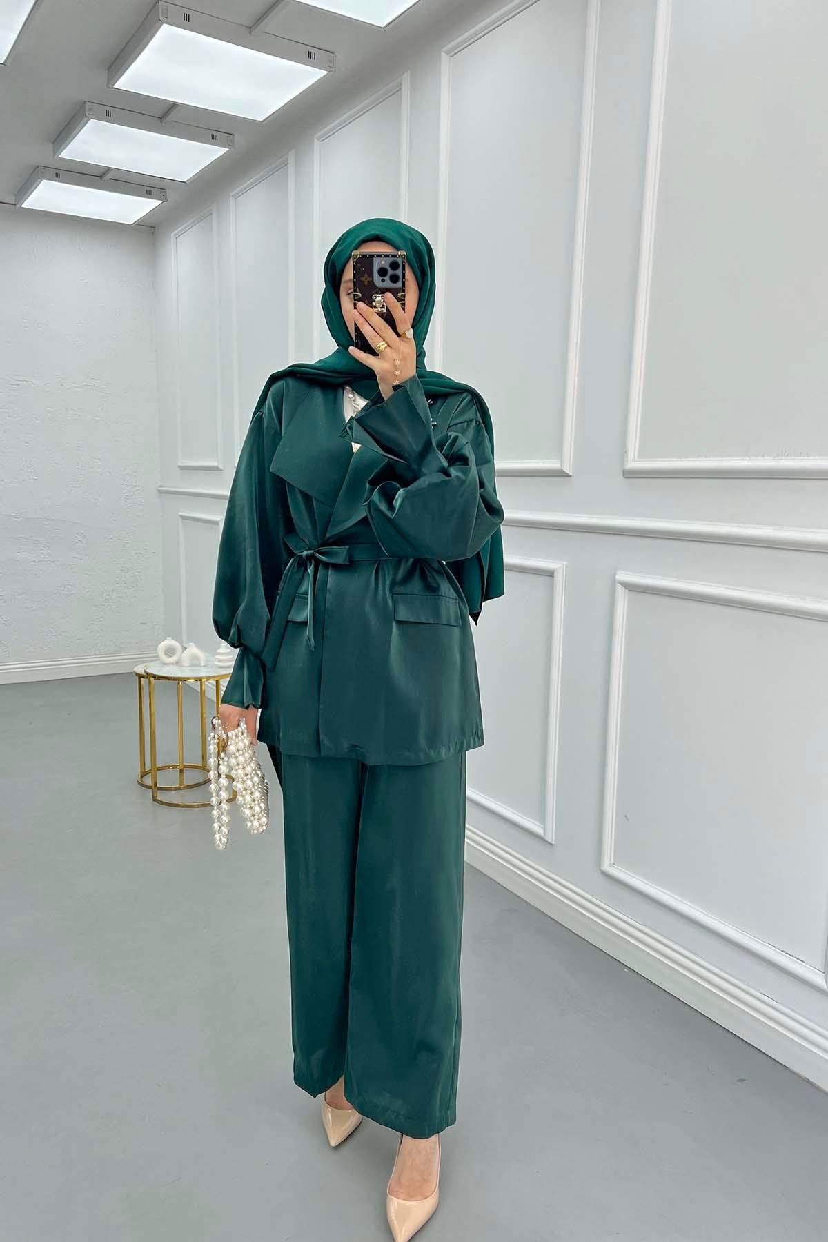 Sare Fashion Balloon Sleeve Jacquard Set with Stone Collar Emerald Green