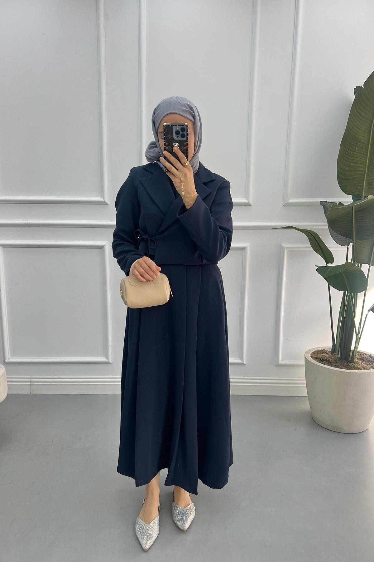 Side Tie Jacket Suit Navy Blue
