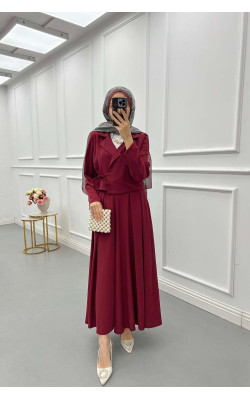 Sare Fashion Side Tie Skirt Suit Claret Red