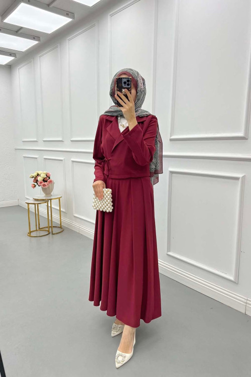 Sare Fashion Side Tie Skirt Suit Claret Red
