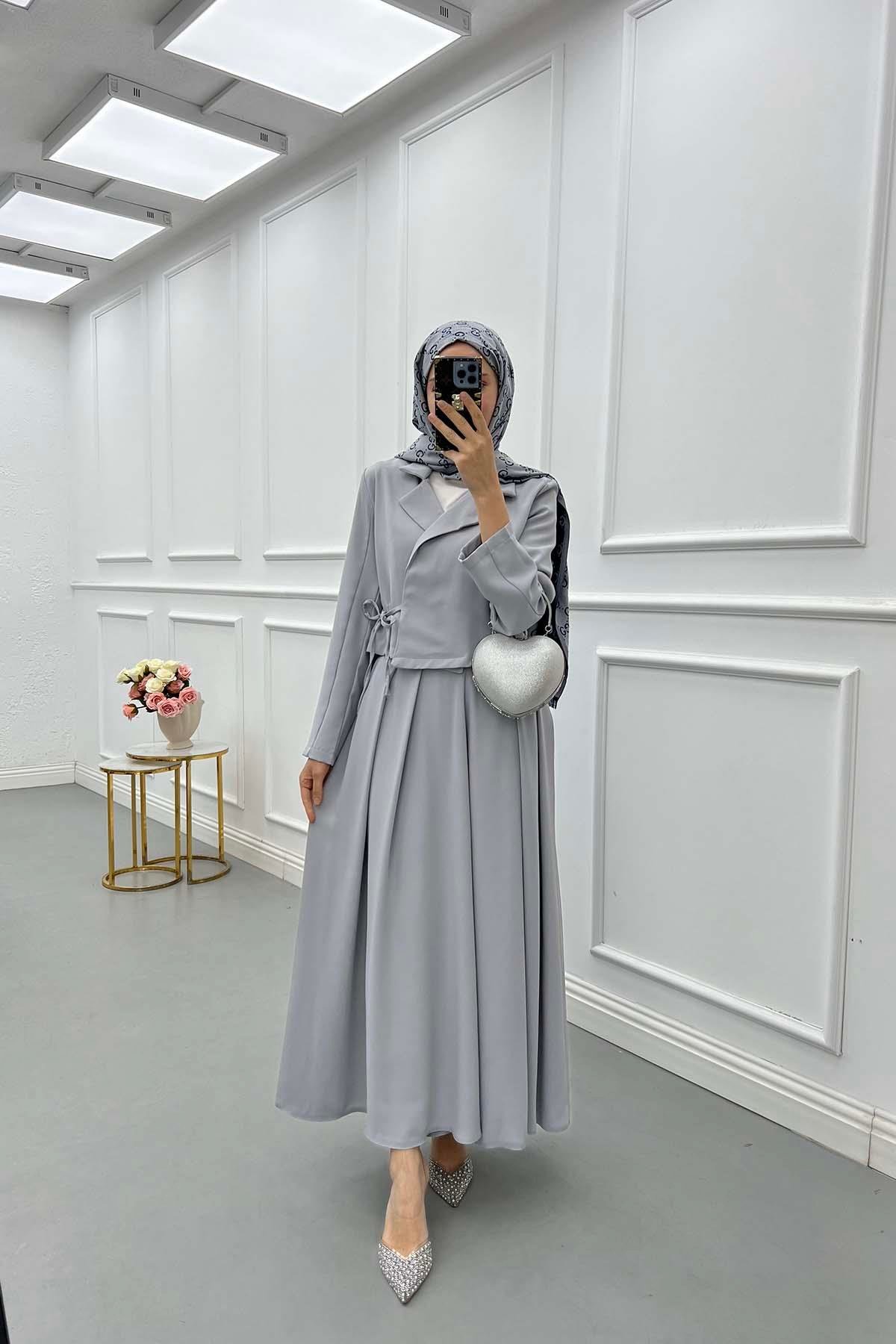 Sare Fashion Side Tie Skirt Suit Gray