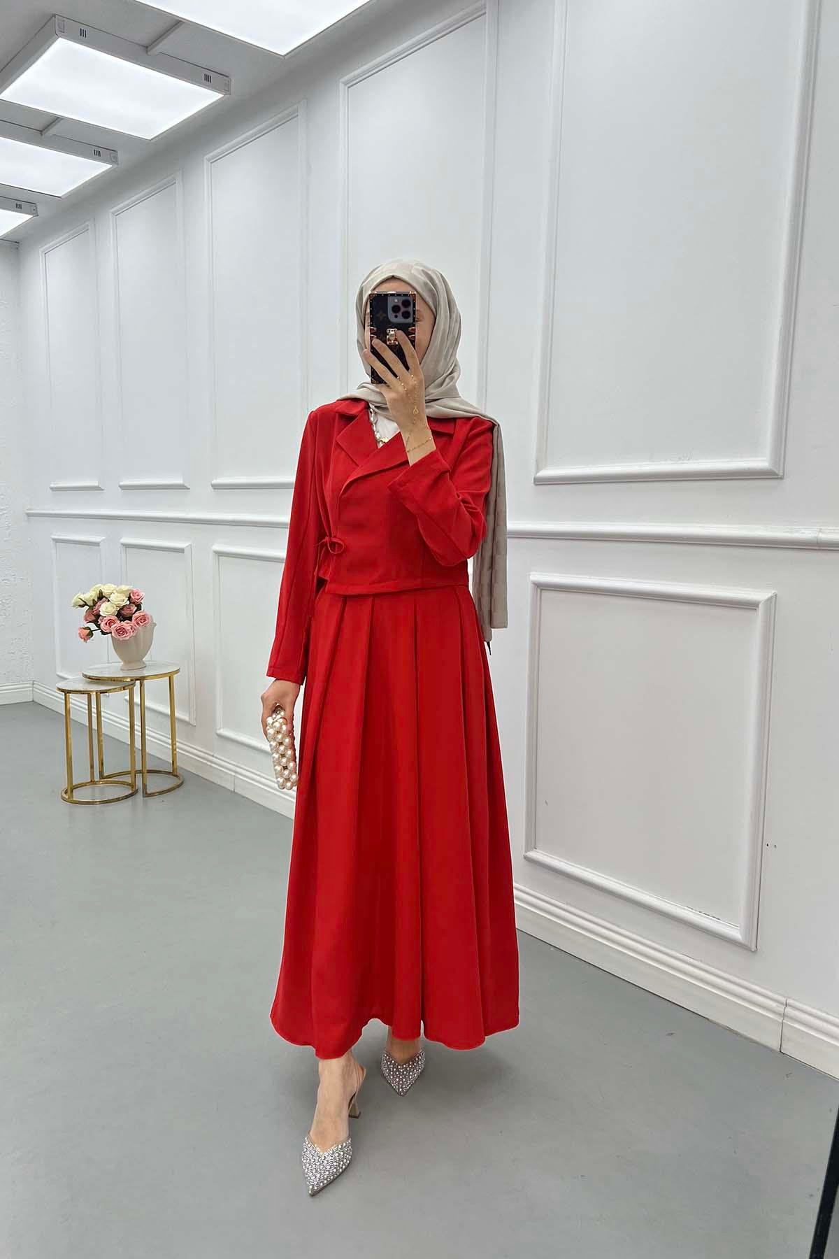 Sare Fashion Side Tie Skirt Suit Red