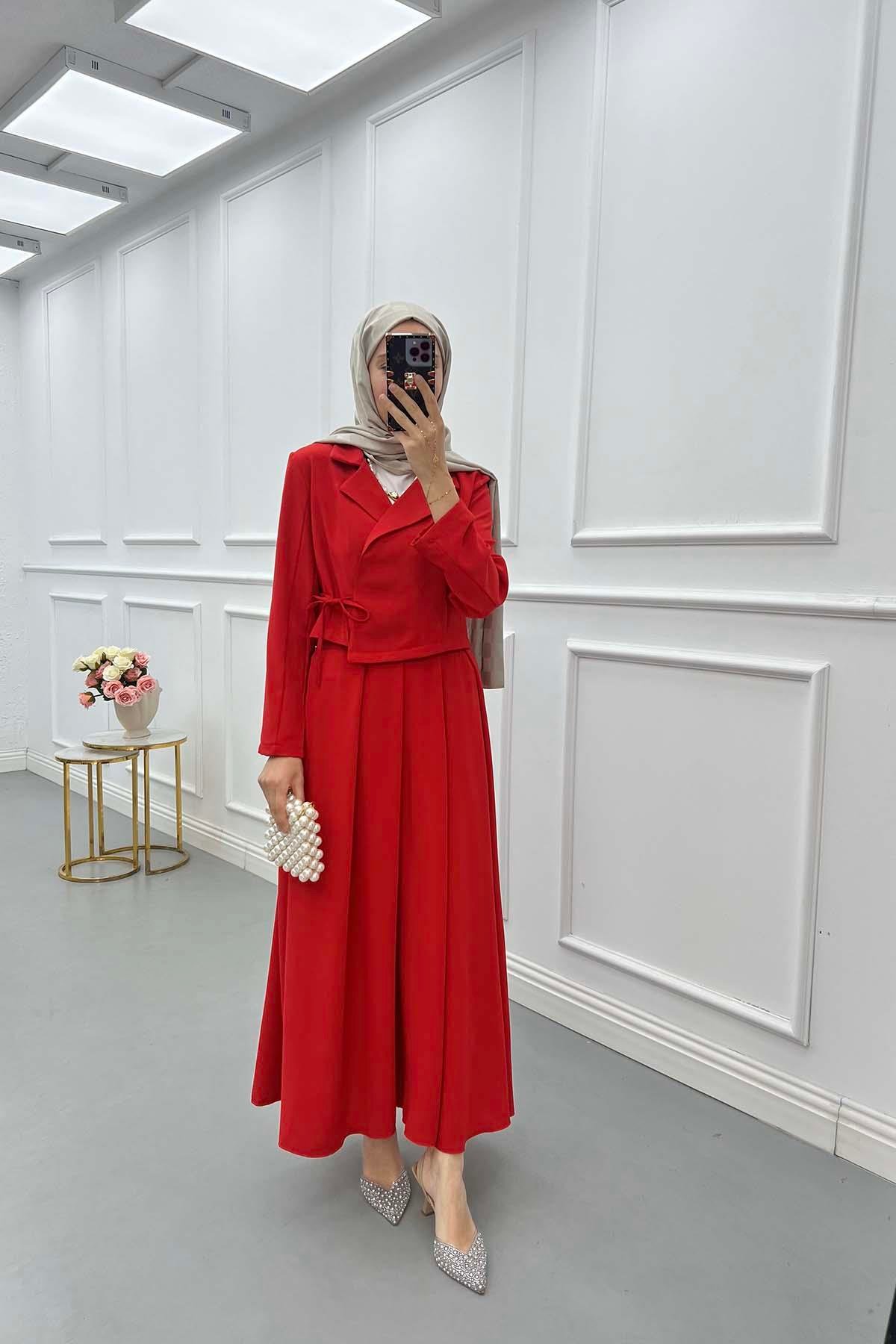 Sare Fashion Side Tie Skirt Suit Red