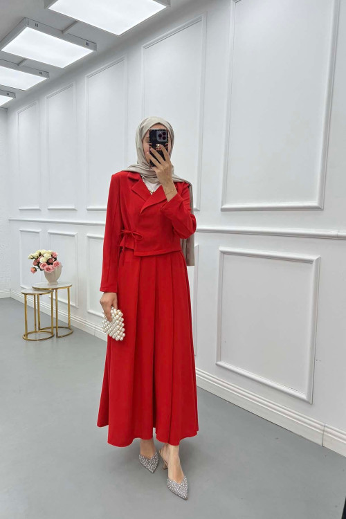 Sare Fashion Side Tie Skirt Suit Red