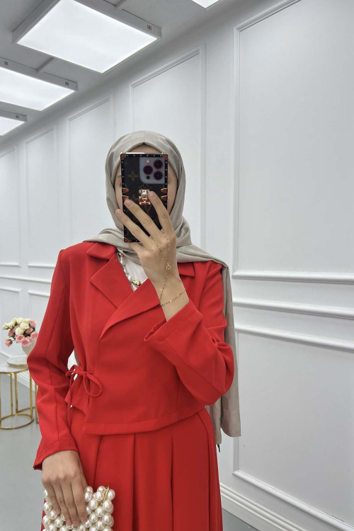 Sare Fashion Side Tie Skirt Suit Red