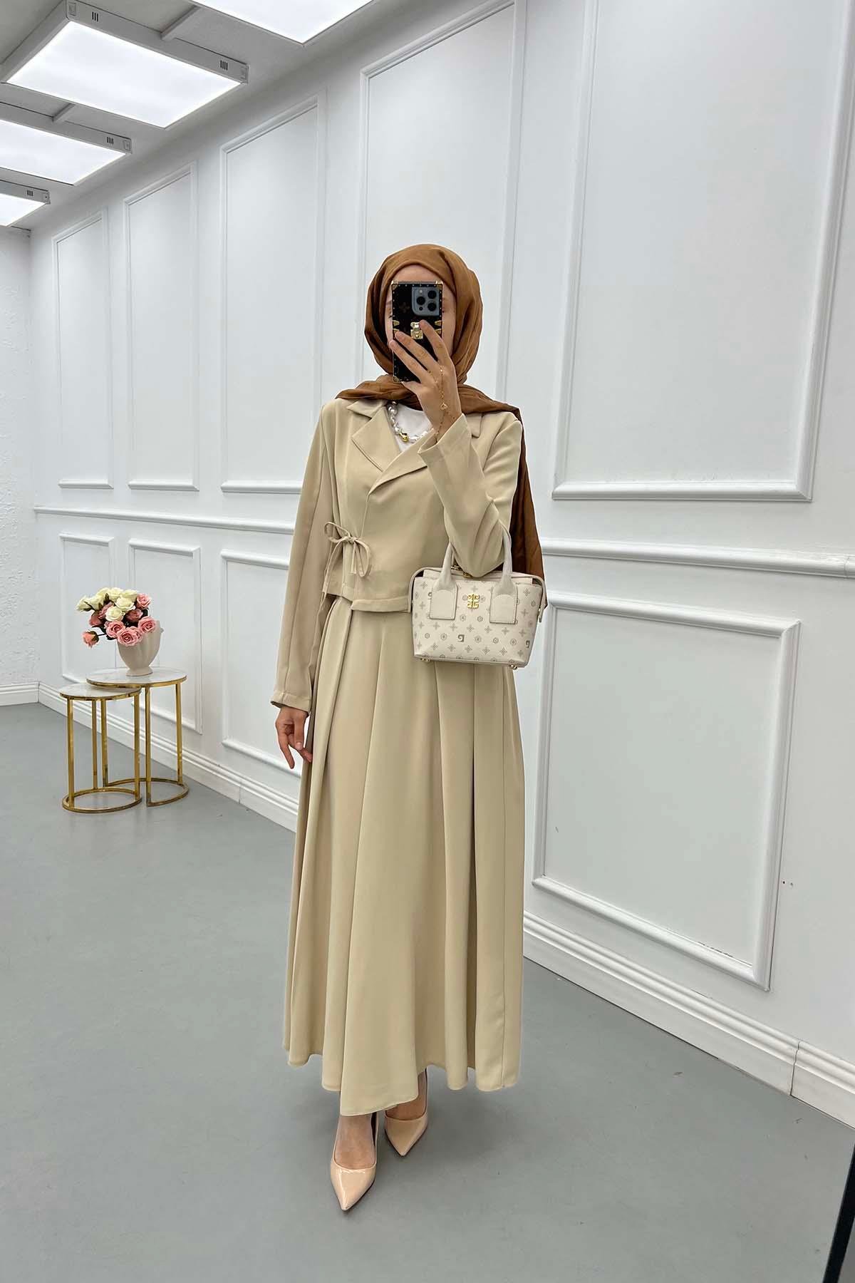 Sare Fashion Side Tie Skirted Suit Cream