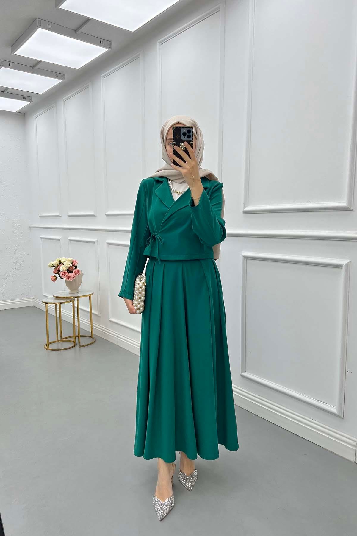 Sare Fashion Side Tie Skirted Suit Green