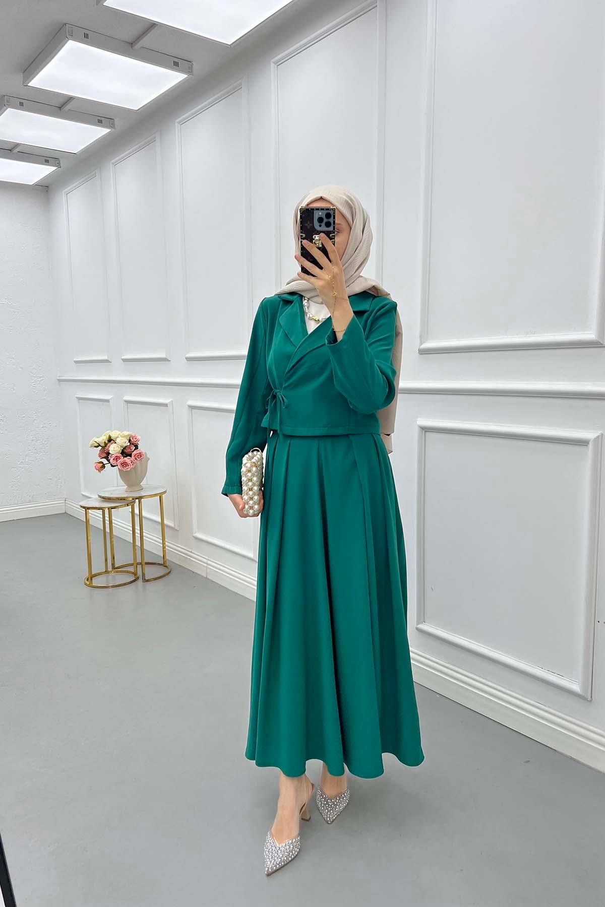 Sare Fashion Side Tie Skirted Suit Green