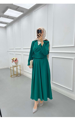 Sare Fashion Side Tie Skirted Suit Green