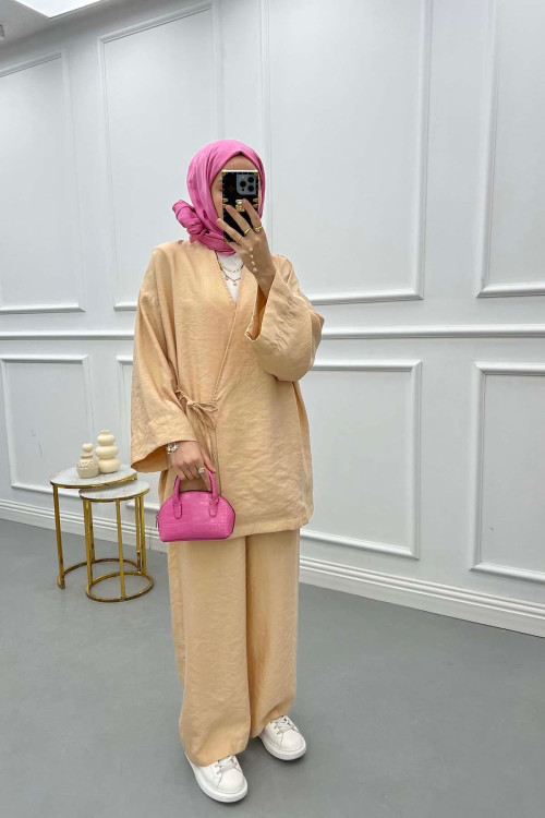 Side Tie Kimono Set Beige