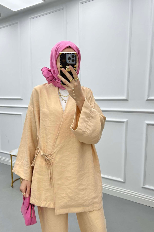 Side Tie Kimono Set Beige