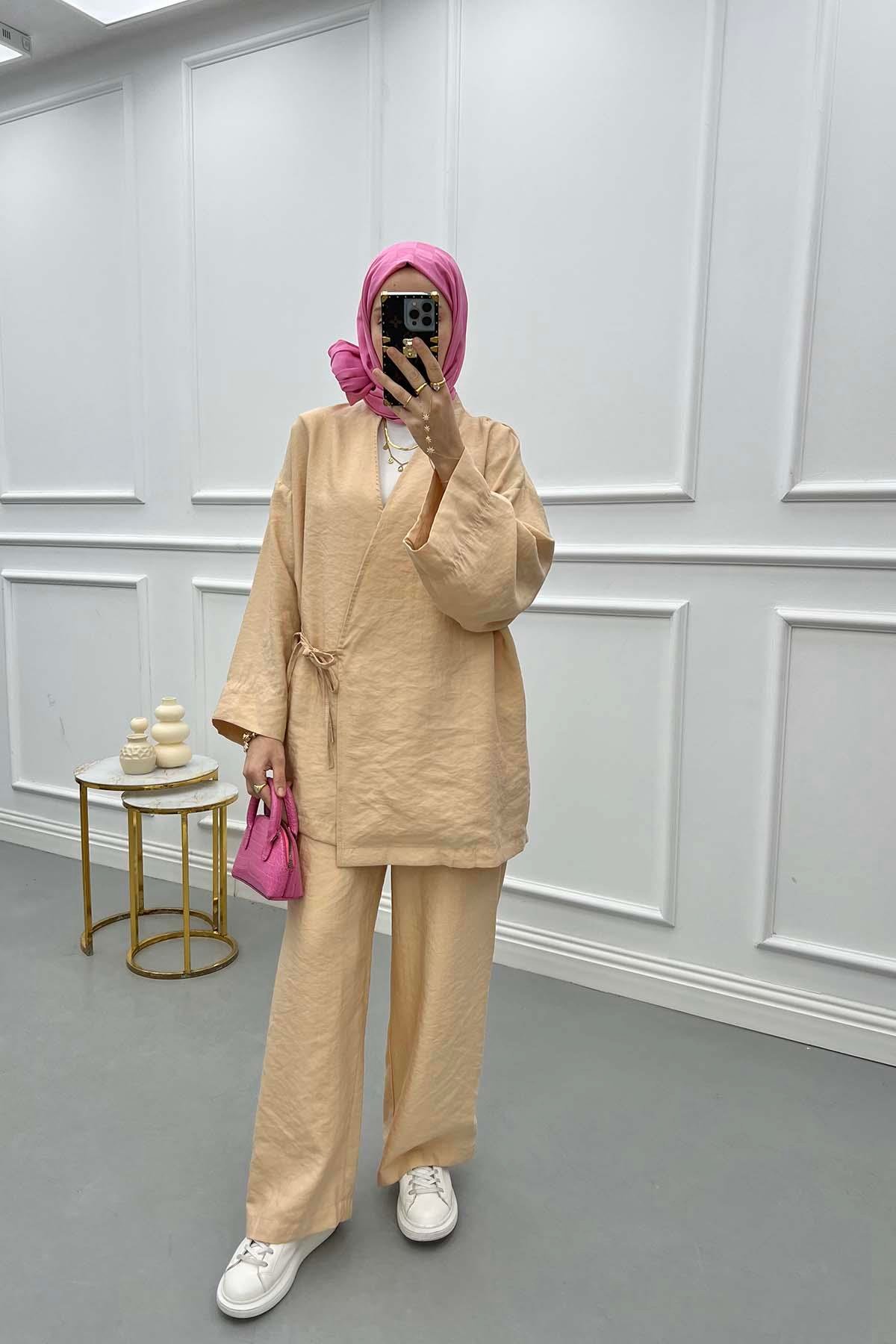 Side Tie Kimono Set Beige