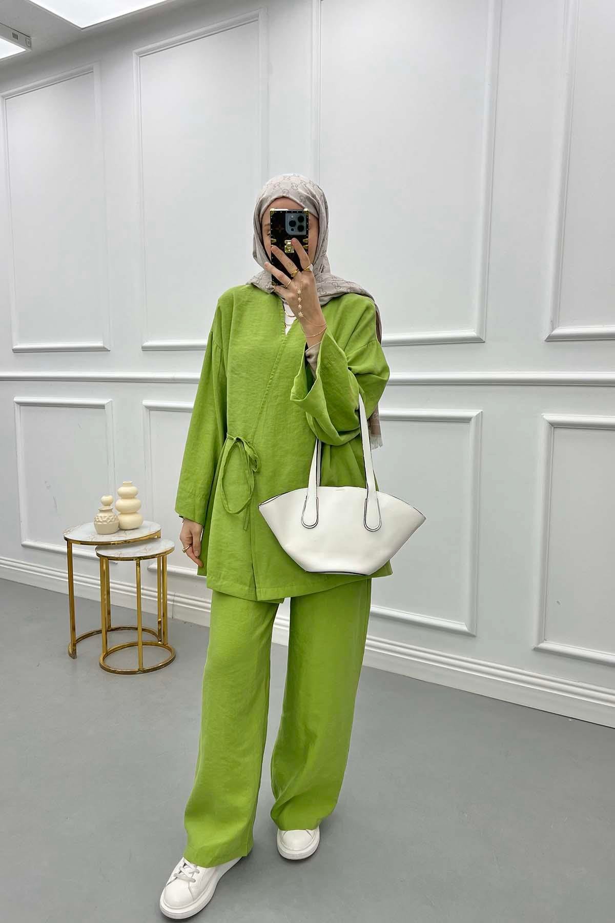 Side Tie Kimono Set Green