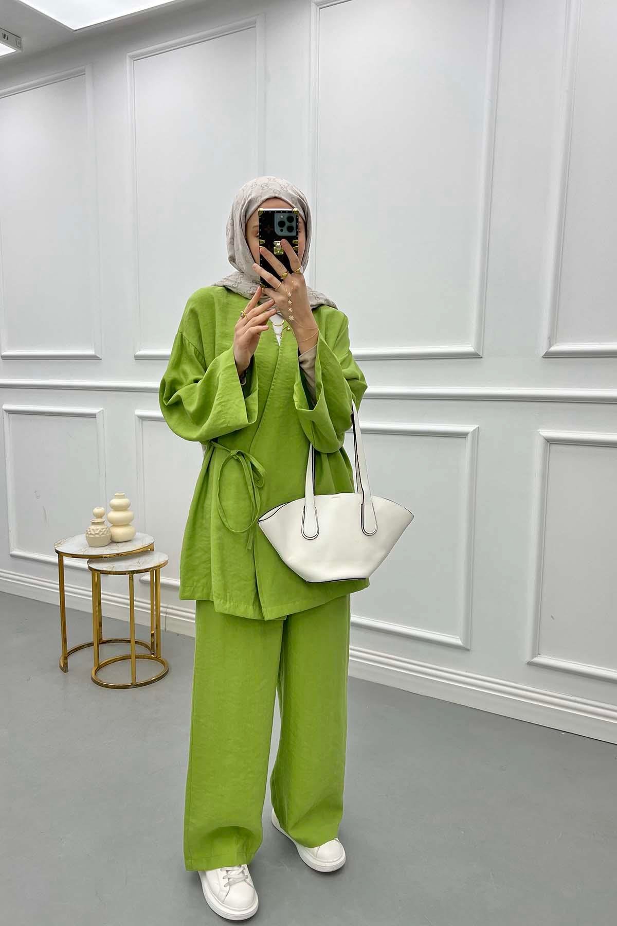 Side Tie Kimono Set Green
