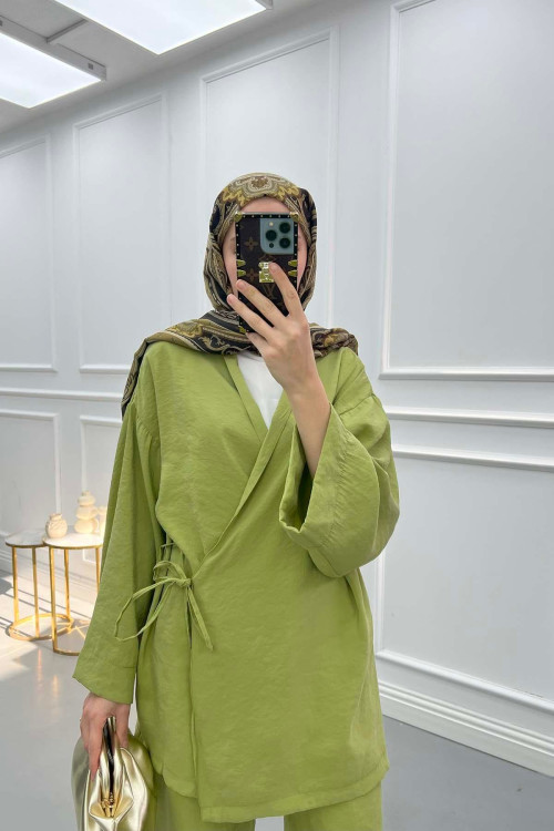 Side Tie Kimono Set Olive Green
