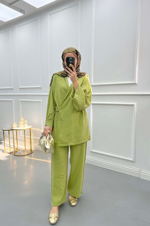 Side Tie Kimono Set Olive Green
