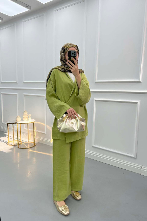 Side Tie Kimono Set Olive Green