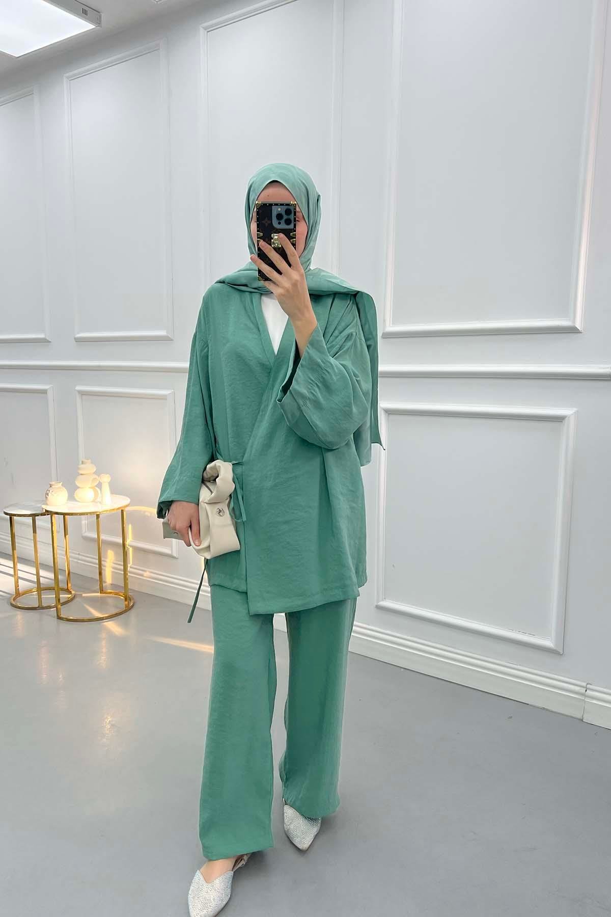 Side Tie Kimono Set Emerald Green