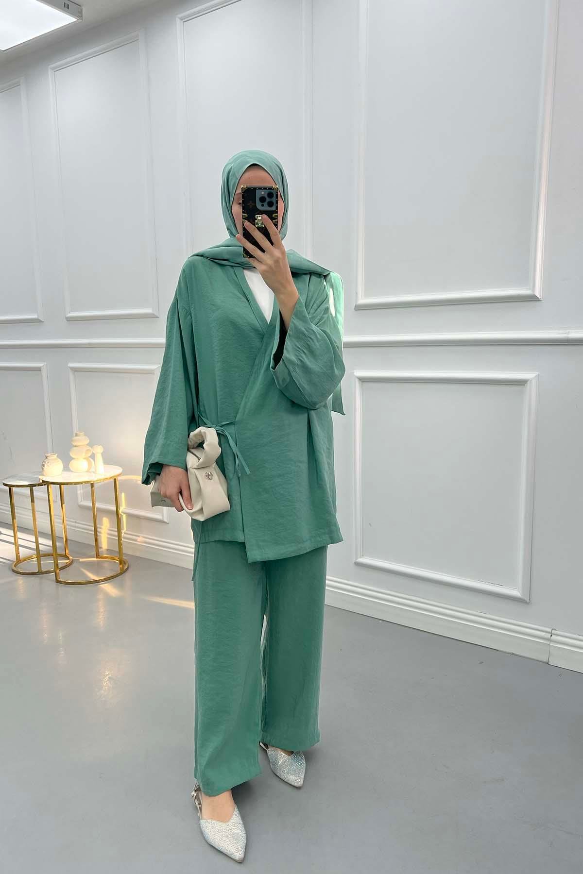 Side Tie Kimono Set Emerald Green