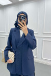 Side Tie Stoned Jacket Set Navy Blue
