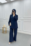 Side Tie Stoned Jacket Set Navy Blue