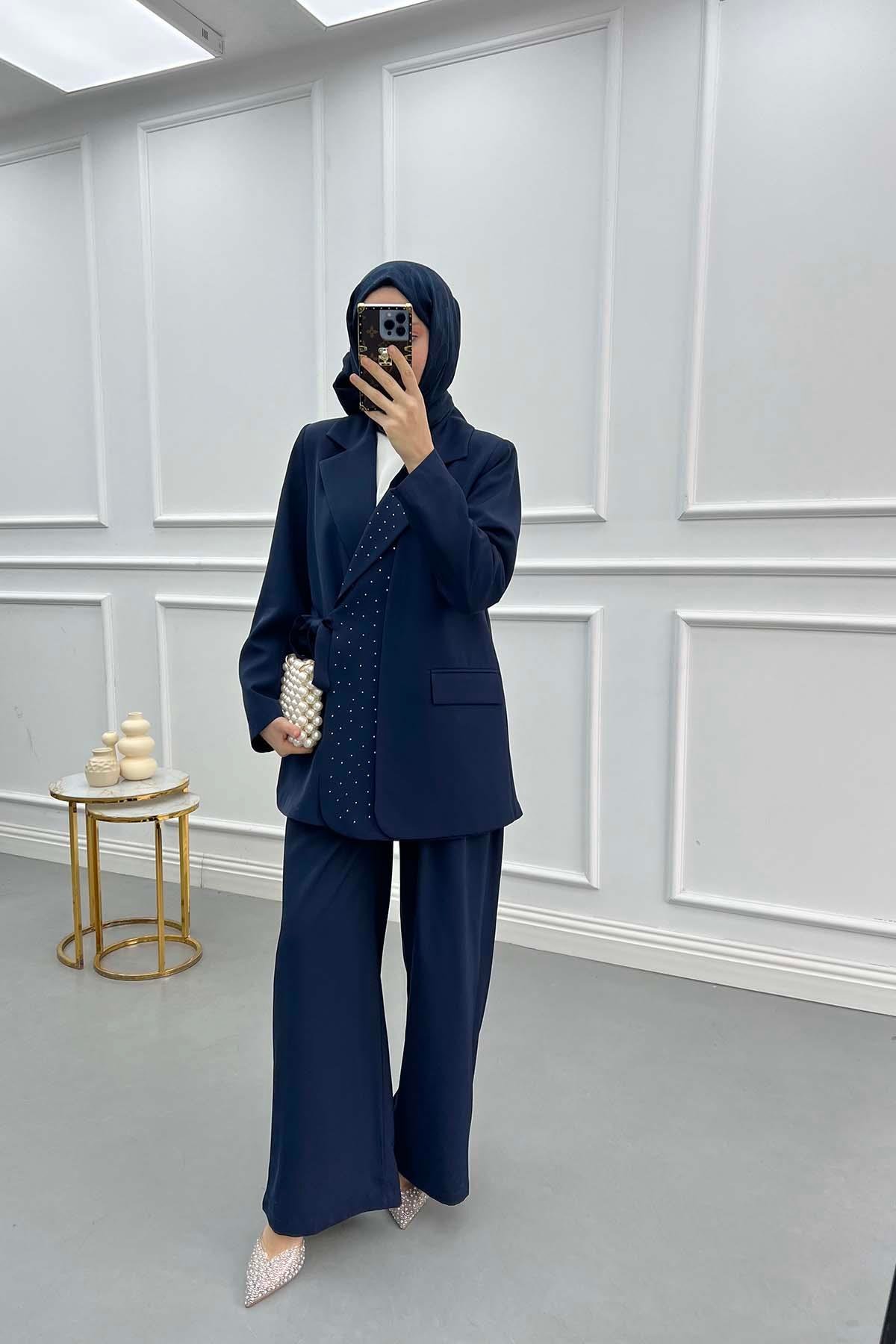 Side Tie Stoned Jacket Set Navy Blue