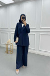Side Tie Stoned Jacket Set Navy Blue