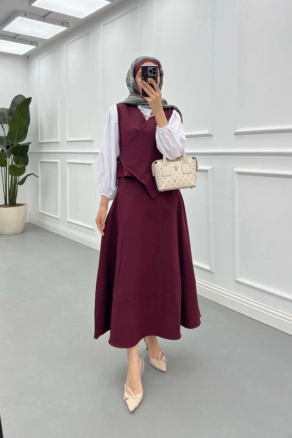 Sare Fashion Side Tie Vest Set Claret Red