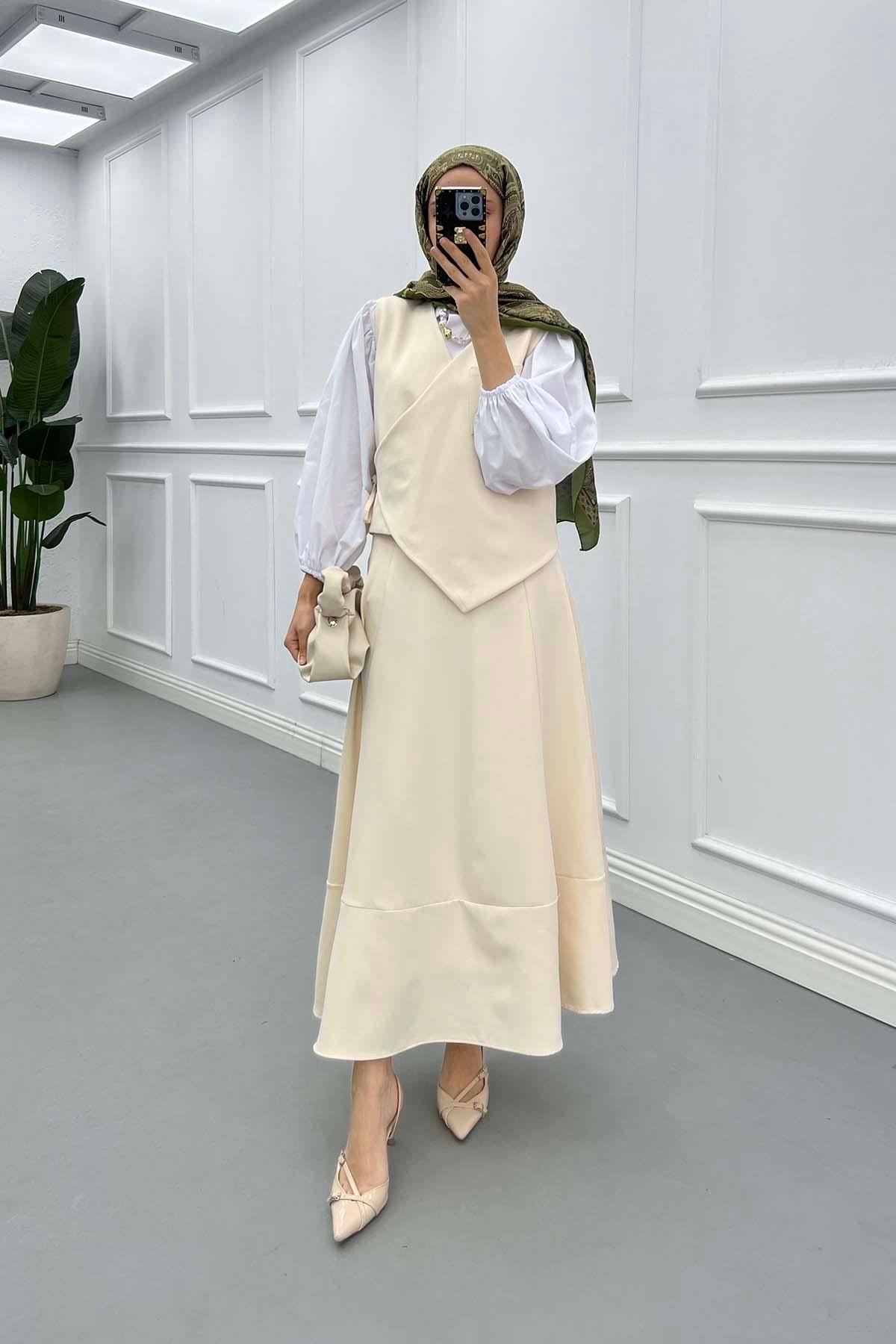 Sare Fashion Side Tie Vest Set Cream