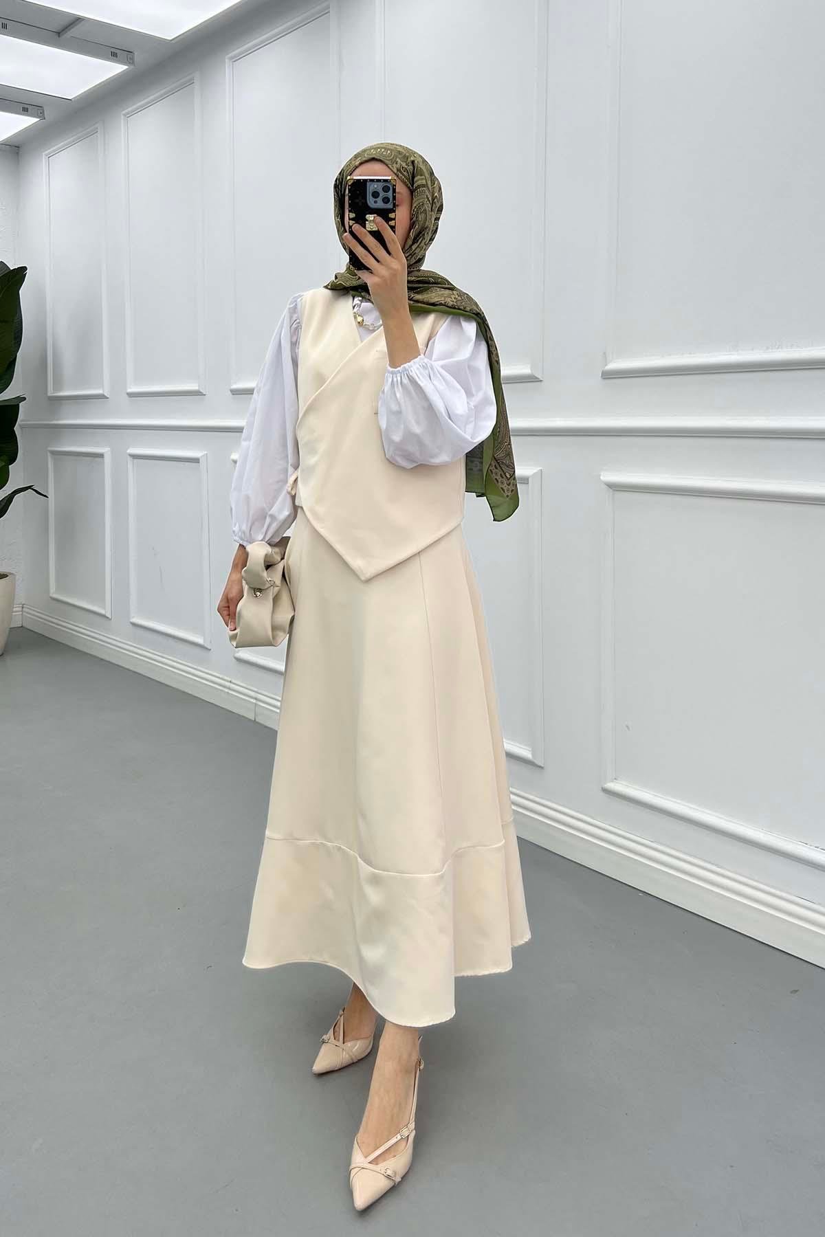 Sare Fashion Side Tie Vest Set Cream