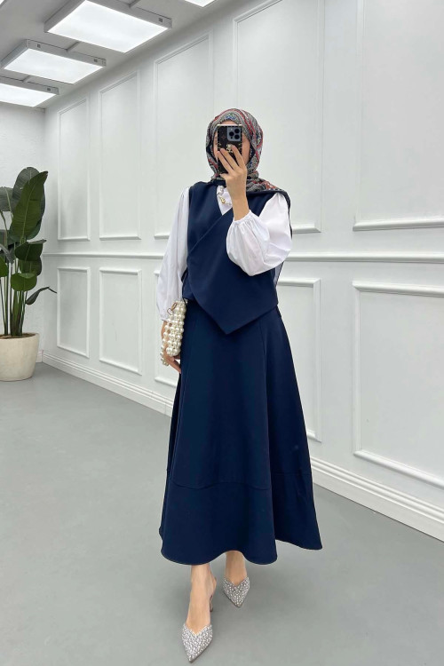 Sare Fashion Side Tie Vest Set Navy Blue