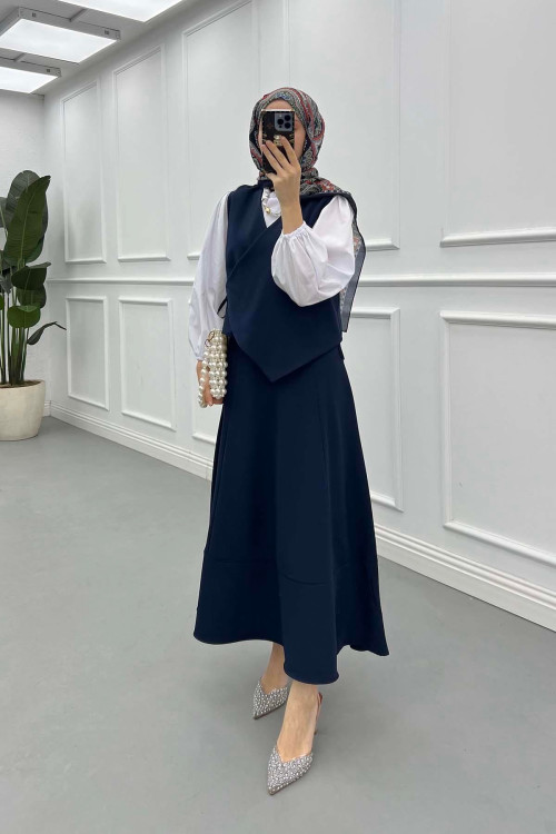 Sare Fashion Side Tie Vest Set Navy Blue