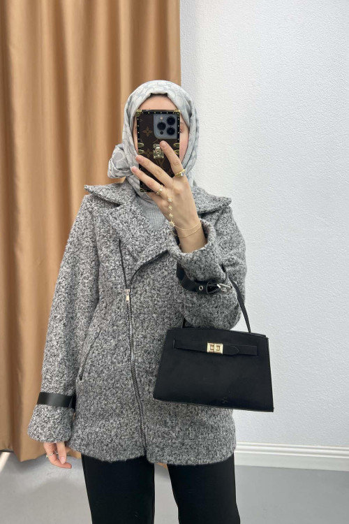 Side Zipper Boucle Jacket Gray