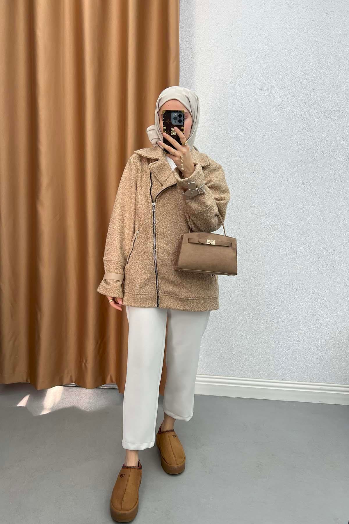 Side Zipper Boucle Jacket Milky Coffee