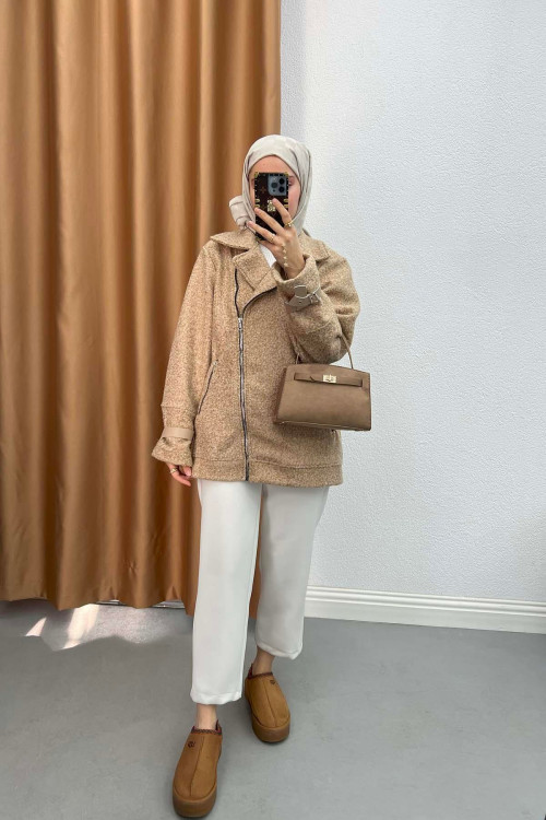 Side Zipper Boucle Jacket Milky Coffee