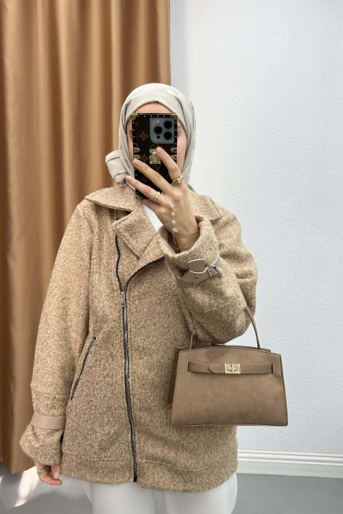 Side Zipper Boucle Jacket Milky Coffee