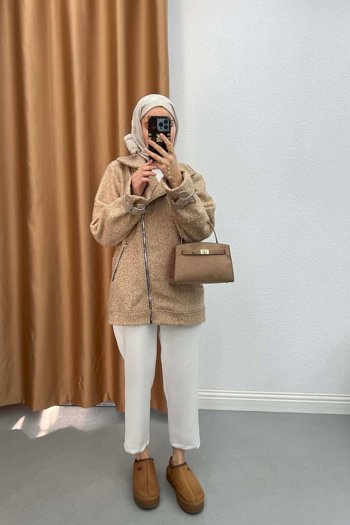 Side Zipper Boucle Jacket Milky Coffee