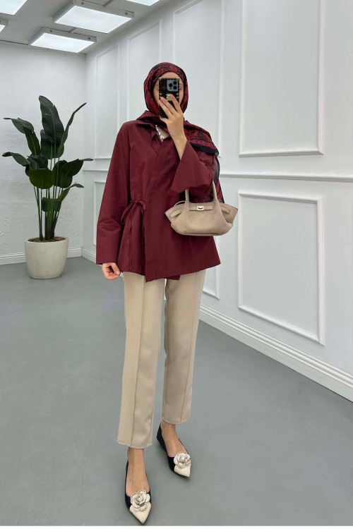 Sare Fashion Side Tie Jacket Claret Red