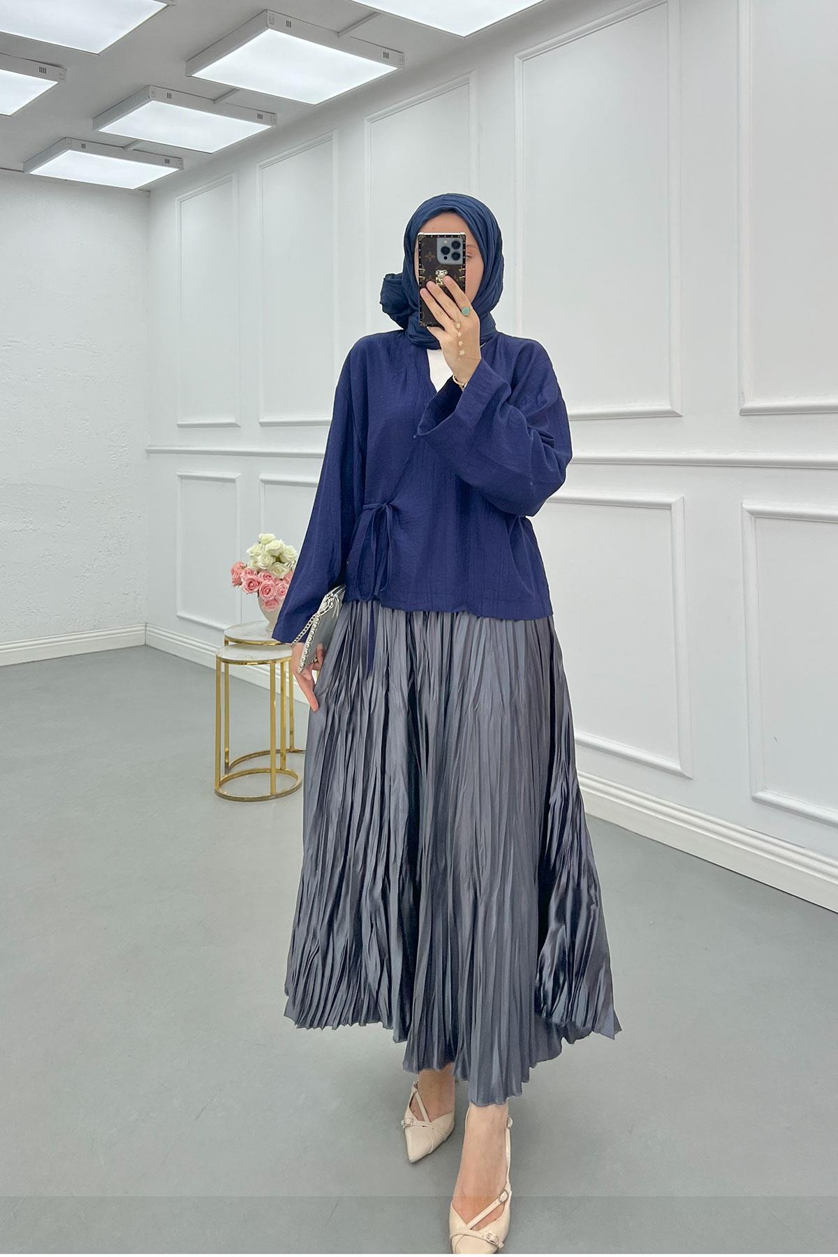 Sare Fashion Side Tie Strawberry Kimono Navy Blue