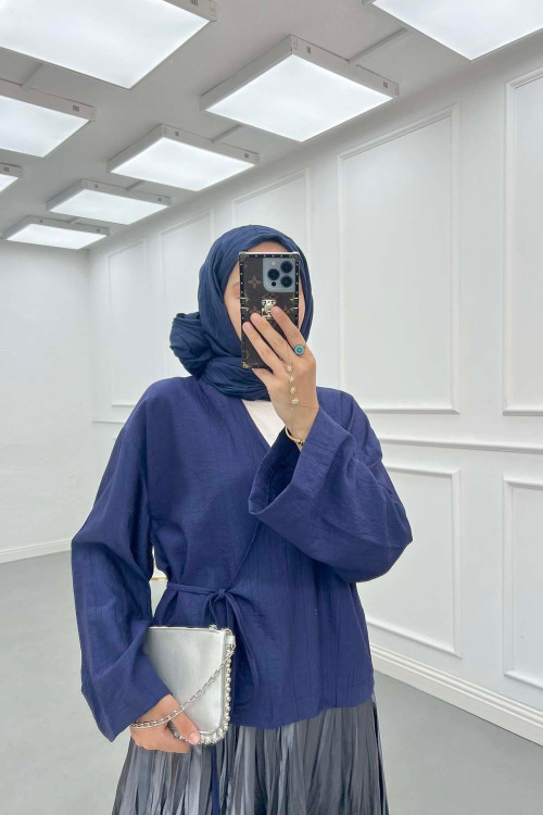 Sare Fashion Side Tie Strawberry Kimono Navy Blue