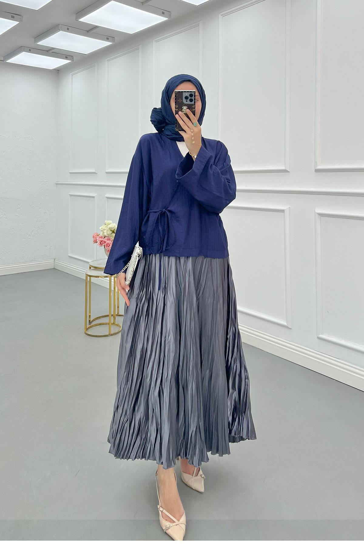 Sare Fashion Side Tie Strawberry Kimono Navy Blue