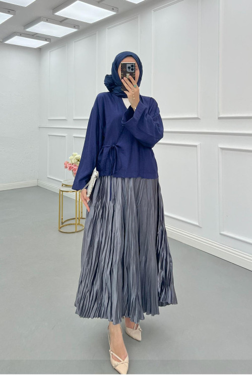 Sare Fashion Side Tie Strawberry Kimono Navy Blue