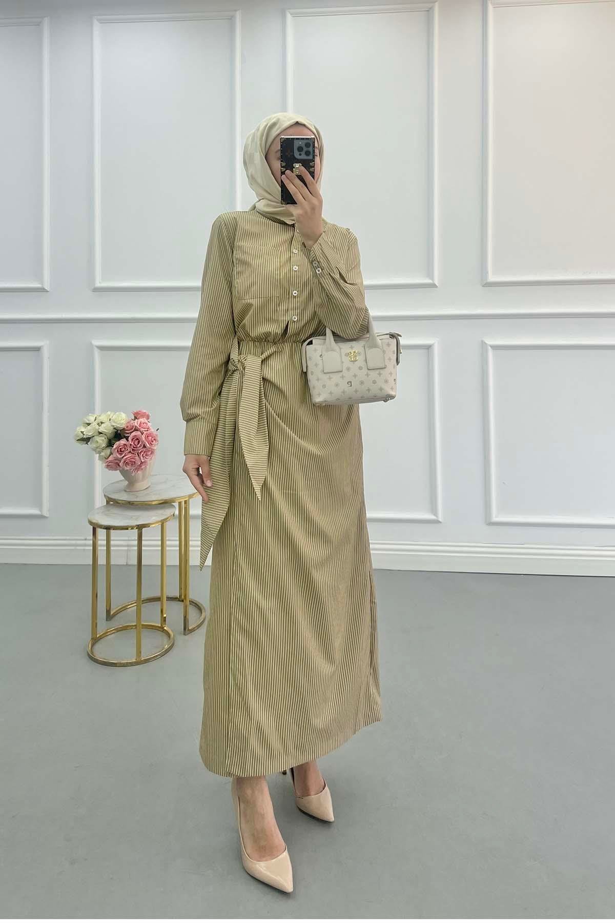 Sare Fashion Side Tie Striped Dress Camel