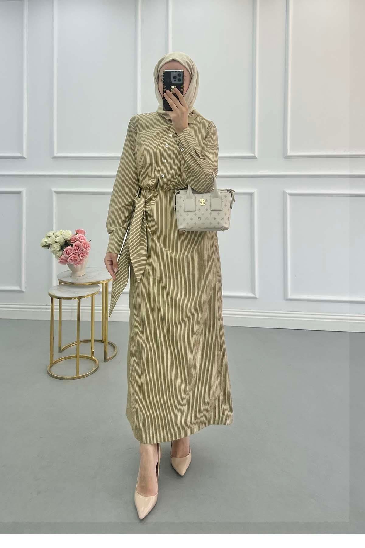 Sare Fashion Side Tie Striped Dress Camel