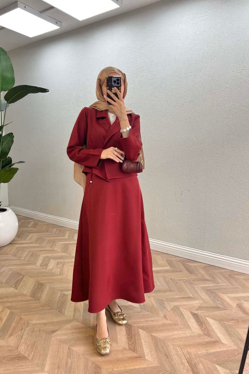 Sare Fashion Side Tie Skirted Suit Claret Red