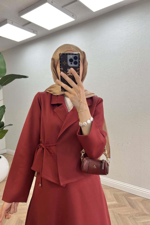 Sare Fashion Side Tie Skirted Suit Claret Red
